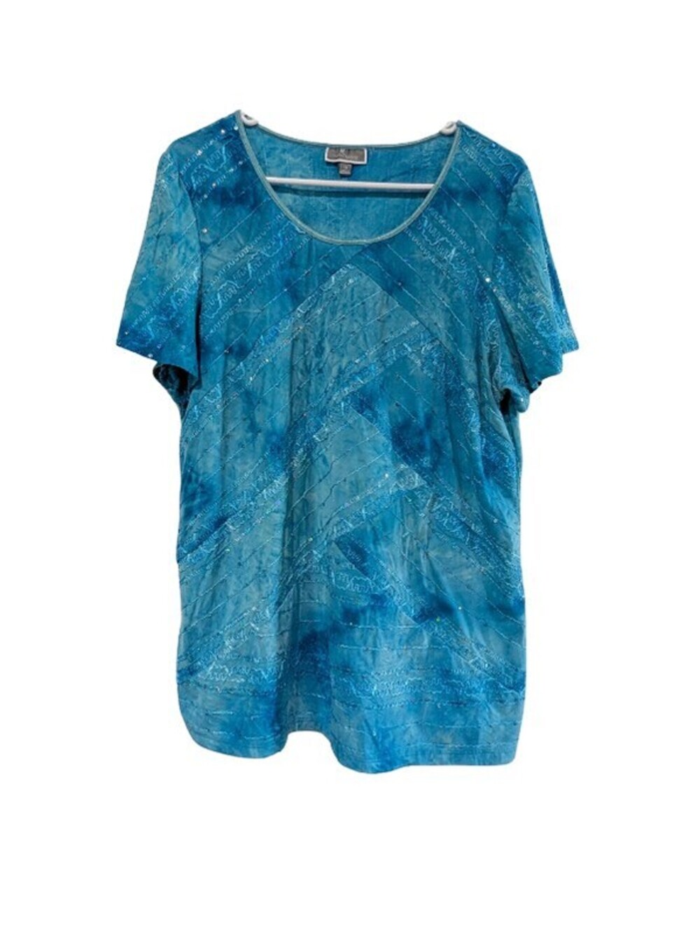 JM Collection Women's Tie Dye Chevron Sequin Top, Turquoise, Plus Size 1X